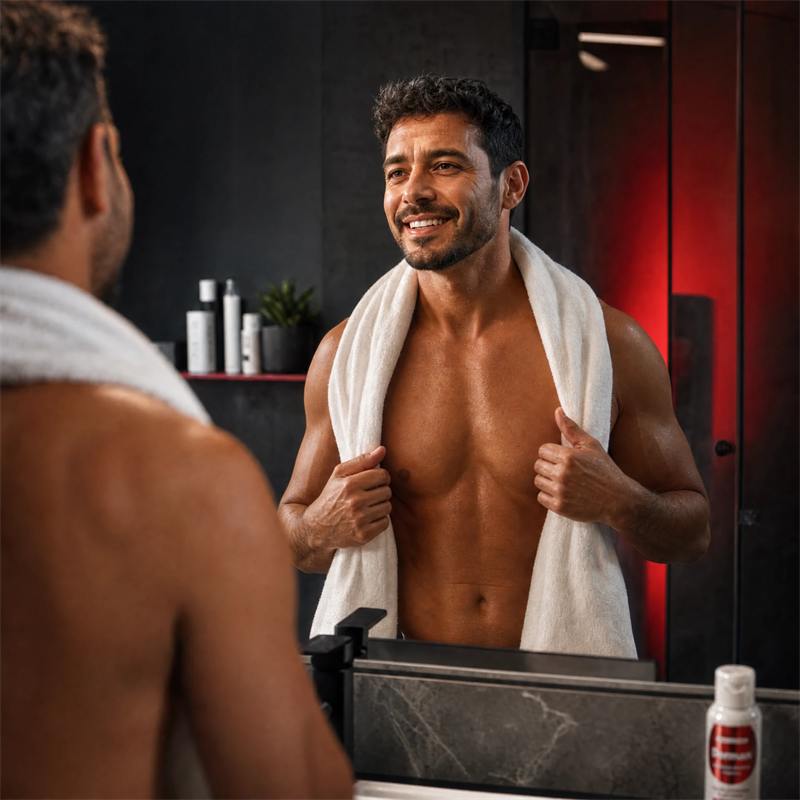 Hombre sonriendo frente al espejo después de bañarse