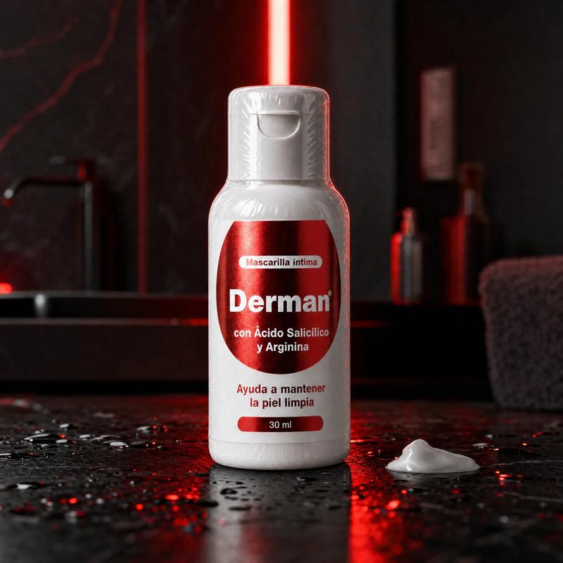 Frasco de Derman sobre un mesón de mármol negro, junto a un poco de crema